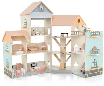 HOMASIS Maison de Poupée sur 3 Niveaux en Bois pour Enfants 3 Ans +, Jeu de Maison de Poupée 42 Meubles et Accessoires avec 7 Pièces, Jolie Maison de Rêve Princesse pour Poupées (Orange)