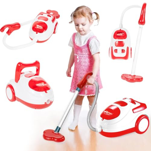 BAKAJI Aspirapolvere Giocattolo Rosso per Bambini con Luci e Suoni Realistici, Aspiratutto Gioco con Maniglia per Trasporto e Ruote, Giochi Educativi di Finzione per Sviluppo Fantasia, Idea Regalo