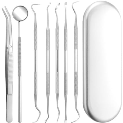 Kit de herramientas, rascador de sarro de acero inoxidable y removedor de placa, espejo dental con limpiador de lengua y estuche de almacenamiento, para el cuidado bucal en el hogar (caja plateada de