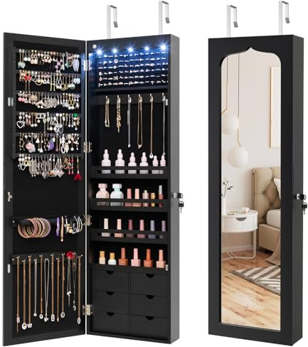 GOPLUS Schmuckschrank hängend, Schmuckaufbewahrung Wand mit Schloss & 2 Schlüsseln & LED-Beleuchtung, Spiegelschrank mit Schubladen, Stauraum für Halsketten, Ringe, Ohrringe (Schwarz)