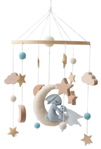 Xiyocadt Mobile Babybett Mond Hase Mobile Kinderbett Wickeltisch Mobile Baby Bettglock Filz-Kinderbett-Ornament FüR Beistellbett Ohne Halterung (45 * 23cm,Blau)