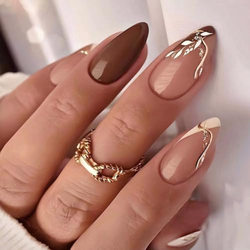 Zimocepuz Press On Nails, Ongles Pressés Amande Français Bruns, Faux Ongles Réutilisables avec Design Feuille, Kit de 24 Pièces