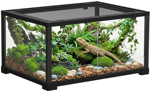 PawHut Terrario per Rettili Rialzato 60x45x32 cm con Doppia Serratura, Porta per Alimentazione, Ventilazione e Visuale a 360°, Rettilario con Rete Metallica per Ucertole, Ragni, Gechi, Serpenti, Nero