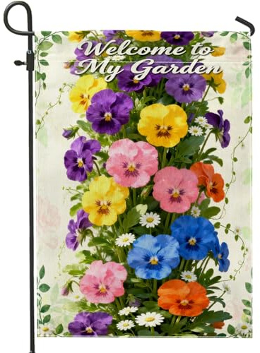 Bandera de jardín de pensamiento, flores de crisantemo, vid de primavera, multicolor, de doble cara, de arpillera, banderas decorativas para patio, porche delantero al aire libre, césped, terraza, 12