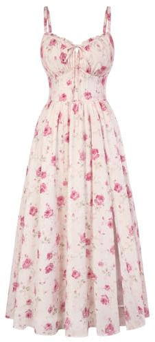 SCARLET DARKNESS Women's Summer Floral Dress A-Line Corset Sleeveless Dress Midi Slit Strappy Dresses for Beach