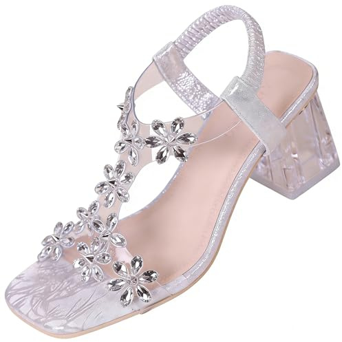 Sandalias de tacón de bloque con diamantes de imitación para mujer, elegantes, transparentes, puntera cuadrada, zapatos de tacón alto y grueso para fiestas y bodas