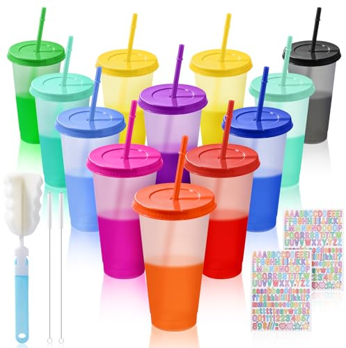 12STK Trinkbecher mit Deckel und Strohhalm Plastikbecher mit Deckel Becher | Mit Tassenbürste 24OZ 710ML Farbwechsel Becher mit Deckel und Strohhalm Wiederverwendbare Kunststoffbecher Party Geburtstag