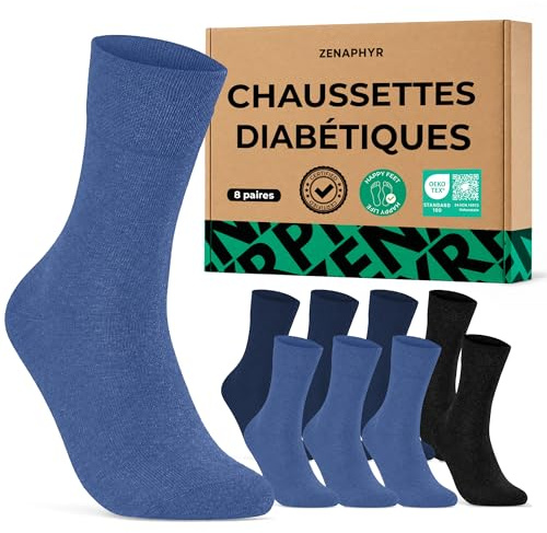 ZENAPHYR Lot 8 Paires Chaussettes Diabétiques Gris Coton | Coupe confortable · Matière douce · Maintien agréable sans pression · Idéales au quotidien · Pour homme et femme