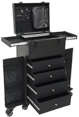 Kosmetikkoffer Trolley Schminkkoffer mit Rollen Aluminium Groß Beauty Make Up Koffer mit 4 Schubladen Teleskopgriff Abschließbar Mobiler Friseurkoffer für Nageldesign Friseur