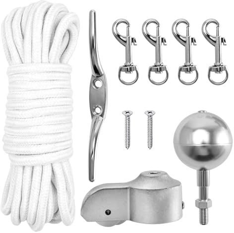 Fahnenmast Zubehör Set, Fahnenmast Reparaturset für Ø 5,1 cm Mastspitzen | Fahnenmast Teilereparatur Set inkl.Kugel,15m Seil, 4 Karabiner, Klampe, Topper mit Seilrolle für Gartendekoration