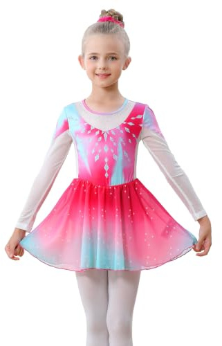 LOLANTA Vestito Balletto Body Danza Bambina Maniche Lunghe con Chiffon, Strass Brillanti, Balletto Leotard Costume Danza Lirica Ginnastica e Pattinaggio Artistico, Rosa, 9-10 Anni, 140