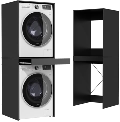 Wumagin Mueble para Lavadora, Armario Lavadora Secadora, Estanteria Lavadora con Estante Extraíble, Soporte en X y Dispositivo Antivuelco Mueble Vertical para Baño y Lavandería Doméstica,Negro