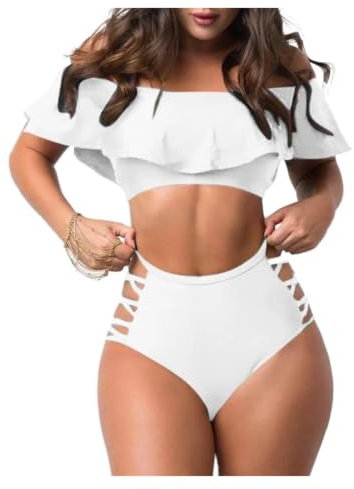 Sexy Bikini Set Off Shoulder Ruffle Bandage Swimsuit Women High Waist Bandeau Push Up Swimwear Beach Ladies Bikini Set(White,M)