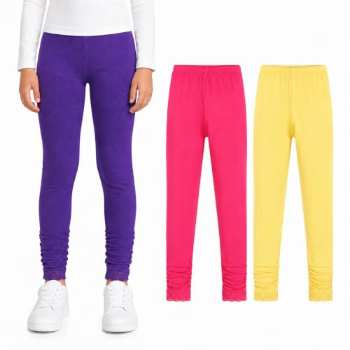 Bienzoe Stretch Girls School Legging: Kids Toddler Cotton Dance Yoga Tights 3pcs Set Rose/Purple/Yellow Size 8(8-9 Years)