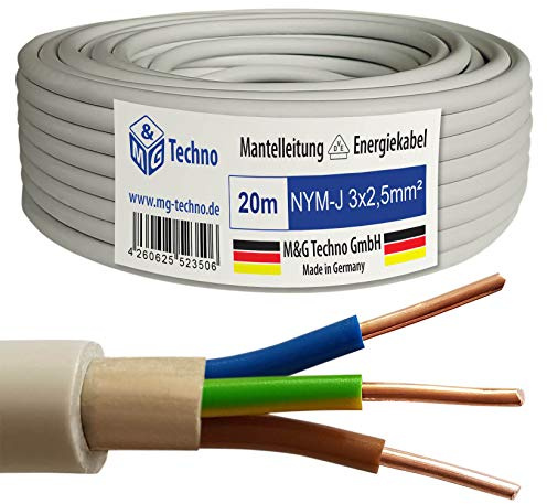 M&G Techno 20m NYM-J 3x2,5 mm² Mantelleitung Elektro Strom Kabel Kupfer eindrähtig Made in Germany