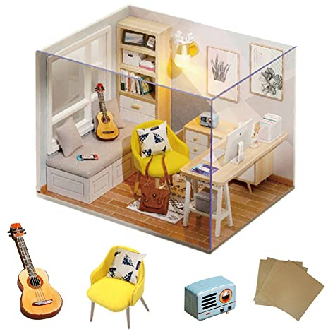 erhumama DIY Puppenhaus mit Staubschutz Möbel Miniatur Puppenhaus Kits Holz Study Zimmer Modell Kinder Puzzle Spielzeug Geburtstagsgeschenk