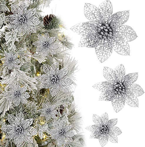 KBNIAN 24 Pcs Christmas Glitter Poinsettia Flowers, Silver Xmas Decorations Artificial Poinsettia Flowers for Christmas Tree Wreath Garlands Party Decor