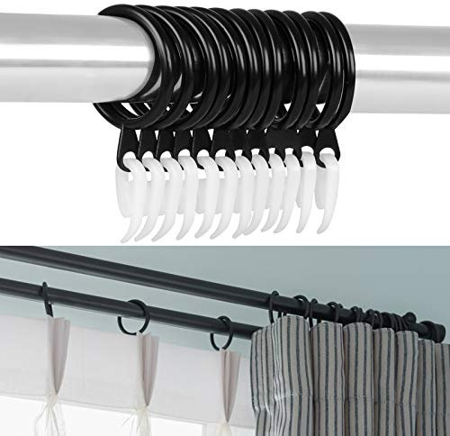 Curtain Rings, 24pcs Black Metal Rings with 24pcs Plastic Hooks, Drape Sliding Curtain Hanging Ring for Pole Rod, 30 mm Internal Diameter