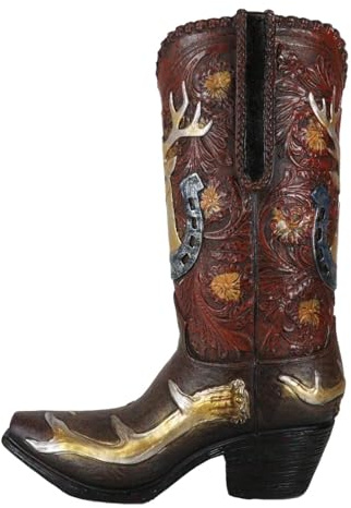 Ebros Rustic Southwestern Western Deer Antlers Horseshoe Floral Scroll Art Cowboy Cowgirl Boot Decorative Figurine Or Floral Vase Planter Tooled Leather Finish Table Shelf Countertop Accent