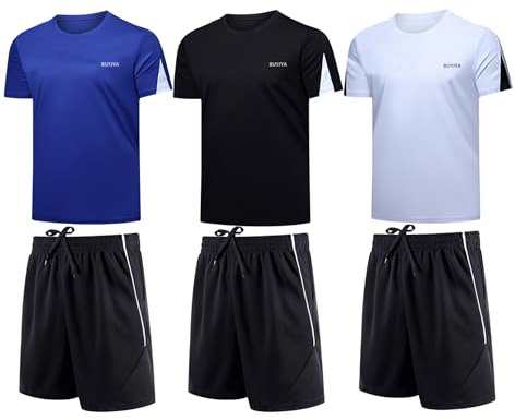 BUYJYA Herren-Trainingskleidung, athletische Shorts und Shirt-Set, 3er-Pack, für Basketball, Fußball, Training, Laufen, Fitnessstudio