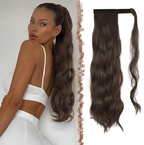 FESHFEN Zopf Pferdeschwanz Haare Extensions Lang Wellig Lockig Clip in Ponytail Synthetik Haarzopf Haarverlängerung Haarteil für Damen, Braun & Hellbraun 60 cm