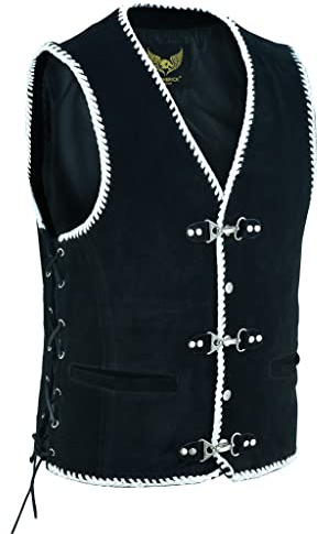 Leatherick aus echtem Wildleder Lederweste Herren weiß geflochtene klassische schwarze Weste mit Angelhaken und seitlichen Schnürsenkeln (XL)