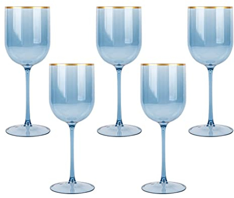 PLASTICPRO Blue Wine Cup with Gold Rim Plastic Wine Glasses Set of 5 Elegant Wine Goblets Hard Plastic Wine Cups on Stem 12 Ounce