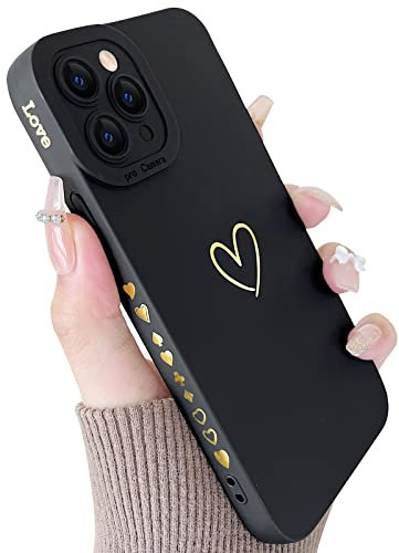 SmoBea Compatible with iphone 12 Pro Case, Cute Gold Heart Pattern Phone Case for Women Girls With Side Small Love Pattern Silicone Protective Shockproof Phone Case (Black)