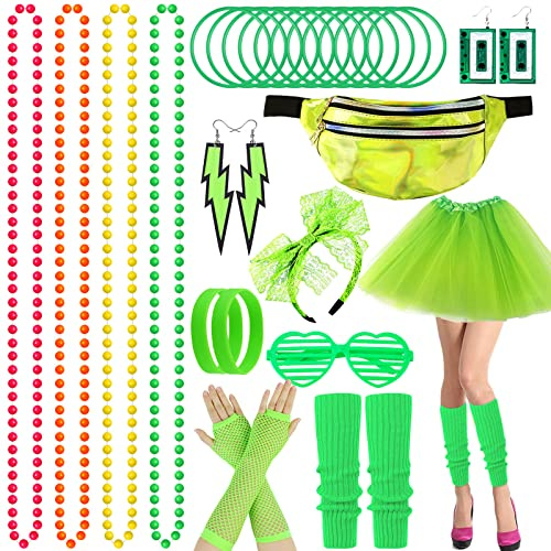 BARAKYEG 80er Jahre Outfit Damen Tutu,Bauchtasche,Beinwärmer,Armbänder,Halskette,Ohrring,Brille,80s 90er Jahre Thema Retro Neon Party Outfit Karneval für Halloween,80er Jahre Kleidung Damen Set