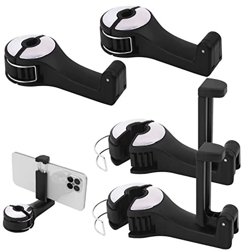 SOARFLY 4 Stück Kopfstützenhalterung Auto Haken, 2 in 1 Auto Kleiderbügel Versteckter Haken mit Handyhalterung, 360° Drehung Haken Auto Kopfstütze für Tasche Geldbörsen Lebensmittel