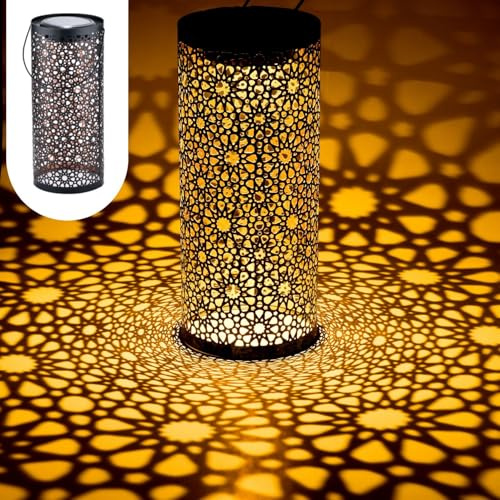 Marrakesch Solarlaterne für außen mit Henkel aus Metall 30cm Groß | Orientalische Outdoor Solar LED Laterne Noum Schwarz IP65 Wasserdicht als Gartendeko Deko