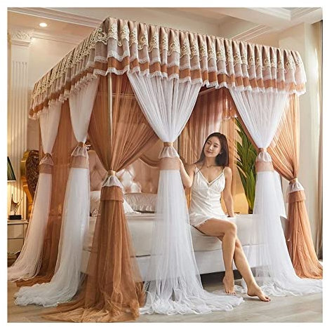 MIDUNU 4 Ecken Pfosten-Himmelbett-Vorhang, Prinzessin, bestickte Spitze, Rüschen, Betthimmel, Betthimmel-Vorhang für Mädchen und Erwachsene, Doppellagiges, durchsichtiges Mesh-Moskitonetz