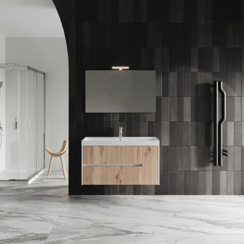 KIAMAMI VALENTINA Hängendes Badmöbel 100 cm Gold-Eiche geriffelt | Weißes Harzwaschbecken, 2 Schubladen, 1 Tür, Spiegel 100x60 cm, Soft-Close, Kollektion Cortina