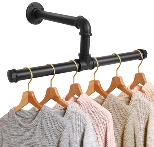 Minicoco Wall Mounted Industrial Pipe Clothes Rail Iron Garment Hanging Rack Rustic State Metal Towel Hanging T-Bar Detachable Wall Mounted Clothes Rack Multi-purpose Hanging Rod Towel Holder Hanger