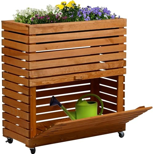 dobar® Jardinera Grande de Madera Maciza con Ruedas, 72 x 32,5 x 78 cm, Color marrón