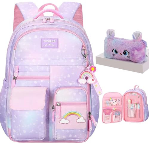 kistou Girls Backpack, School Backpacks Rainbow,Kawaii Kids Backpack,Book Bag for Elementary Primary School With Pen Bag