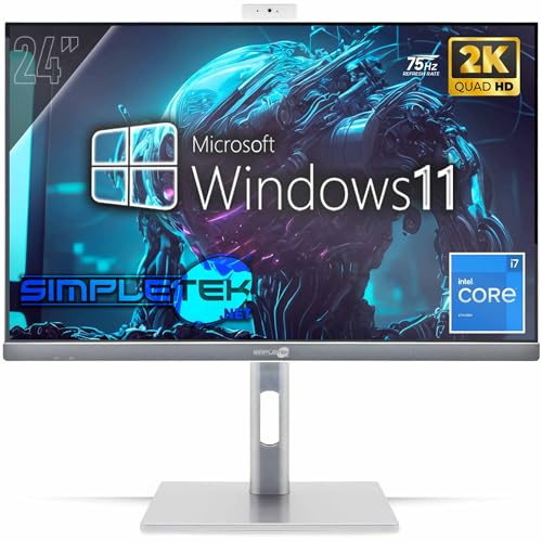 SIMPLETEK - PC Tout-en-Un 24 2K 75 Hz Core i7 4,00 GHz | Windows 11 Pro, 8 Go de RAM et 240 Go de SSD | Ordinateur Tout-en-Un, Support VESA, Webcam intégrée, Support réglable