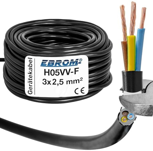EBROM - H05VV-F 3x2,5 mm² PVC Schlauchleitung SCHWARZ, Gerätekabel 3 Meter