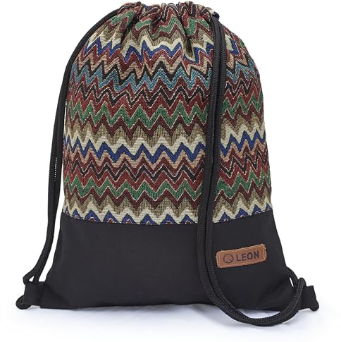 By Bers Leon großer Premium Turnbeutel mit Innentaschen Rucksack Tasche Damen Herren Teenager Gym Bag Draw String 45x34cm für Sport Reise Alltag Einkauf (TB_Boho_Schwarz_019)