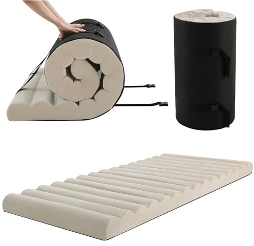 MeMoreCool Colchón de suelo enrollable, futón portátil de 10 cm de grosor, cama plegable de espuma de alta densidad, colchón firme para viajes, tienda de campaña de coche, 190 x 90 cm, beige