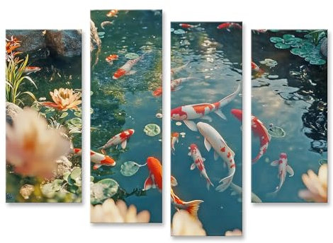 islandburner Bild auf Leinwand Farbenfroher Koi Teich mit Seerosen und Felsen Bilder Wandbilder Poster