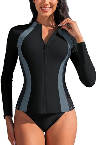 Charmo Women Zip Long Sleeve Rash Vest UPF 50+ Rashguard Shirts Swimwear Tops Black/Gray XS