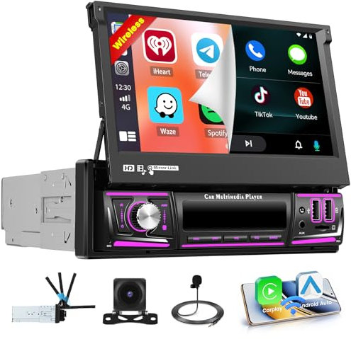 Hikity [4+64GB] Android 15 Dab Autoradio, Wireless CarPlay Android Auto Mirror Link Radio, Customized Home Page Écran Tactile 7 Manuel Rétractable Radio AI DSP Bluetooth5.0 Navi GPS EQ WiFi FM RDS