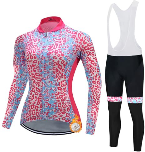 Completo Ciclismo Donna Abbigliamento Bici MTB Invernale Tuta da Ciclista Termico Vello,Maglietta Bicicletta Giacca Manica Lunga e Salopette Pantaloni con 19D Gel Imbottiti,Completi Maglia da Ciclo