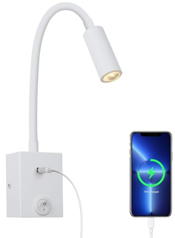 ERWEY Lampe de Lecture LED Murale, Applique 3W Avec col de Cygne Flexible à 360° et Port USB pour Chambre à Coucher, éclairage Blanc Chaud 3000K, Blanc