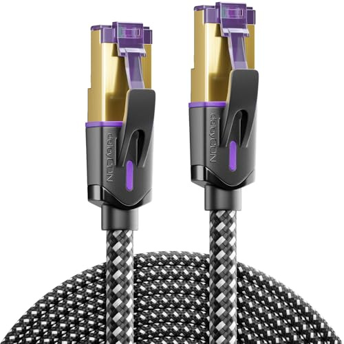deleyCON 10m Cable de Red CAT7 Revestido en Nylon - 10 Gbps, Apantallado S/FTP en Cobre con Conectores RJ45, Compatible PoE, para PC, PS5, Router, Módem, TV, Switch y Portátil - Negro