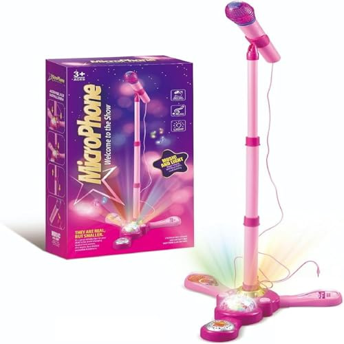 Kids Microphone and Stand, Kids Microphone Toy Gift for Kids | Adjustable Microphone and Stand with Rotational Flashing Stage Lights Battery Operated Presents Gifts for Girls Toys
