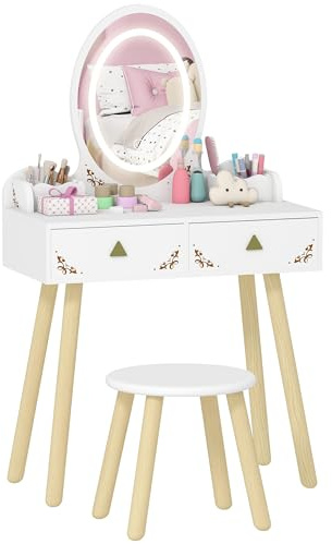 AIYAPLAY Kids Dressing Table with Mirror and Stool, Girls Dressing Table with 3-Colour LED Lights Mirror, Drawer, Storage Boxes, Girls Makeup Desk Set for 3+ Years, For Playroom, Bedroom, White