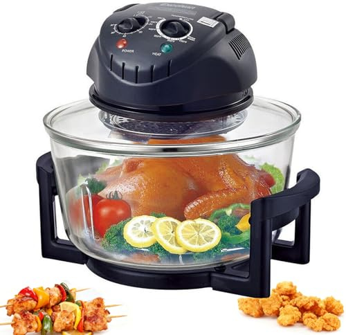 Freidora de aire de cristal, horno microondas sin aceite de 12 litros, 1300 W, control de temperatura ajustable y temporizador, calor circulante de 360°, apto para hornear y asar black