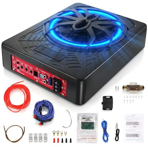 CAMECHO Slim Under Seat Powered Car Subwoofer, 10 1200W Stereo Surround Sound Active Subwoofer with Built-in Audio Amplifier, Bass Boost, Phase Control, Blue LED Ambient Light